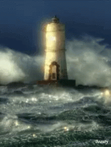A Painting Of A Lighthouse In The Middle Of The Ocean GIF