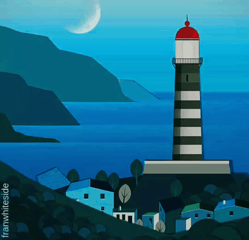 A Painting Of A Lighthouse With The Name Franwhites On The Bottom Right GIF