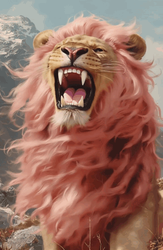 A Painting Of A Lion With Pink Hair And Its Mouth Open GIF