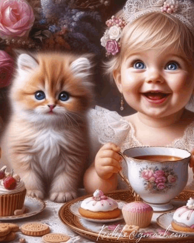 A Painting Of A Little Girl Holding A Cup Of Tea GIF
