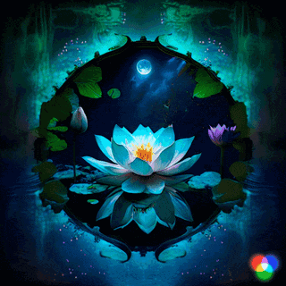 A Painting Of A Lotus Flower In A Pond With A Full Moon In The Background GIF