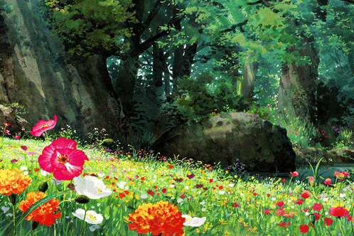 A Painting Of A Lush Green Forest With Flowers And Trees GIF