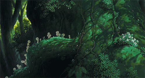 A Painting Of A Lush Green Forest With Mushrooms GIF
