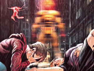 A Painting Of A Man And A Woman Laying In The Rain With A Yellow Building In The Background GIF