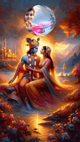 A Painting Of A Man And A Woman Sitting Next To Each Other In Front Of A Body Of Water GIF