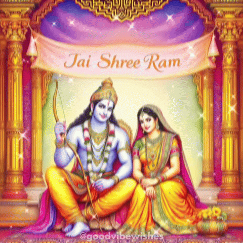 A Painting Of A Man And A Woman Sitting Under A Banner That Says Jai Shree Ram . GIF