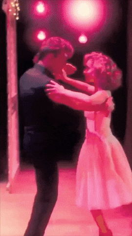 A Painting Of A Man And Woman Dancing In Front Of A Pink Background GIF