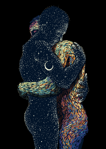 A Painting Of A Man And Woman Hugging Each Other With A Crescent Moon In The Background GIF