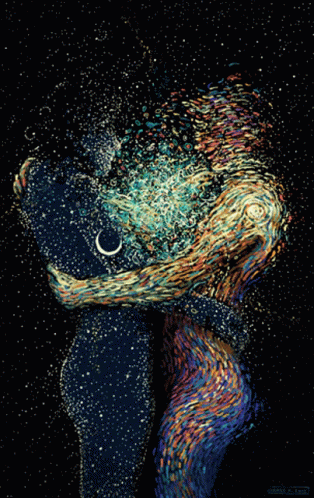 A Painting Of A Man And Woman Hugging With A Crescent Moon GIF
