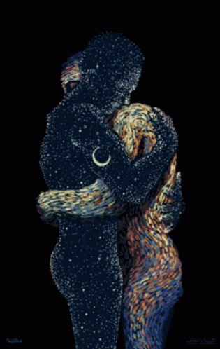 A Painting Of A Man And Woman Hugging With A Crescent Moon Behind Them GIF