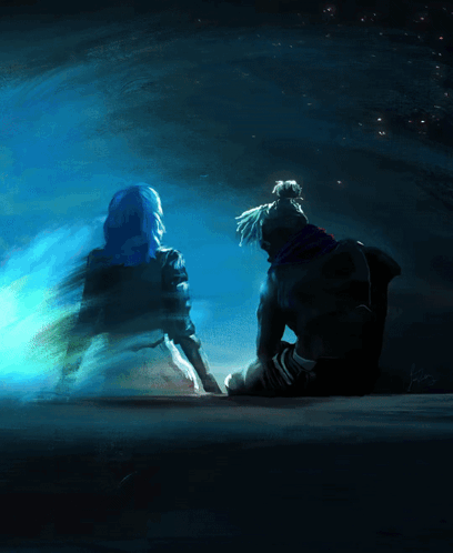 A Painting Of A Man And Woman Looking At Each Other GIF