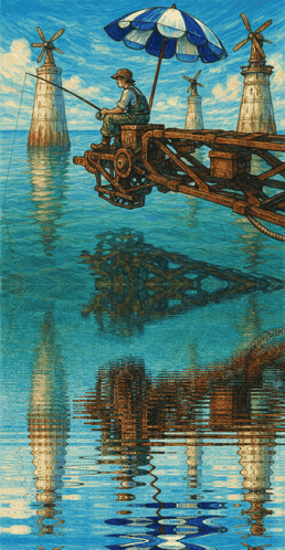 A Painting Of A Man Fishing In The Water GIF