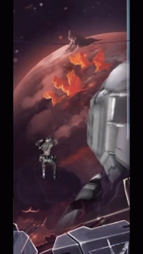 A Painting Of A Man Flying Through The Air In Front Of A Planet GIF