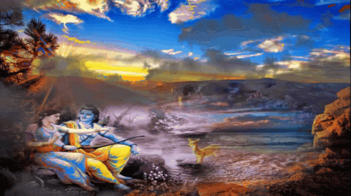 A Painting Of A Man Holding A Bow And Arrow And A Woman Sitting Next To Him GIF