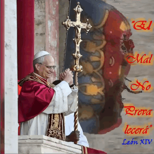 A Painting Of A Man Holding A Cross With The Words Mal No Prova Lecera Leon Xiv On The Bottom GIF