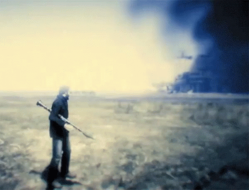 A Painting Of A Man Holding A Gun In A Field With A Building In The Background GIF