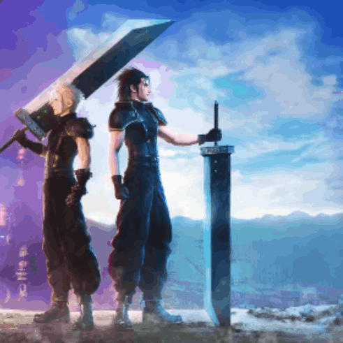 A Painting Of A Man Holding A Large Sword And Another Man Holding A Smaller Sword GIF