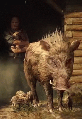 A Painting Of A Man Holding A Pig Standing Next To A Boar GIF