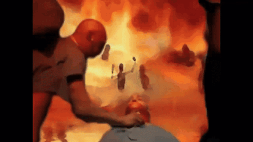 A Painting Of A Man Holding Another Man 'S Head In Front Of Flames GIF