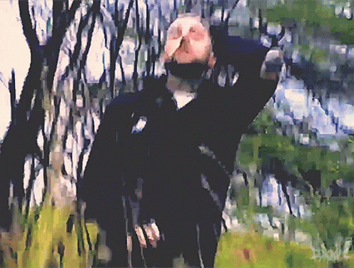 A Painting Of A Man In A Black Jacket Standing In A Forest GIF