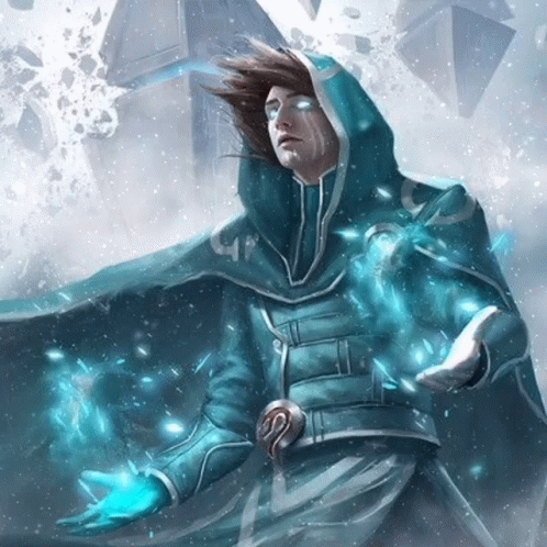 A Painting Of A Man In A Blue Cloak With A Hood Holding A Blue Object GIF