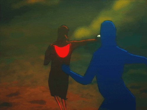 A Painting Of A Man In A Blue Hoodie Standing Next To Another Man In A Red Shirt GIF