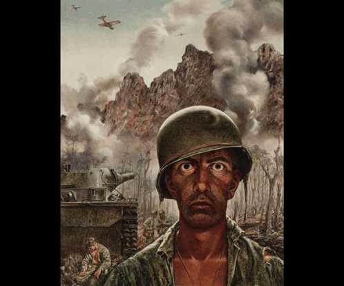 A Painting Of A Man In A Helmet Looking At Something GIF