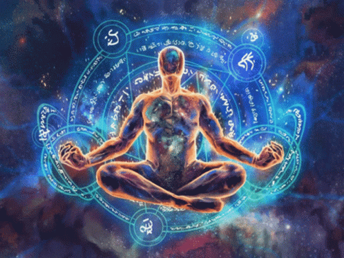 A Painting Of A Man In A Lotus Position With A Circle Around Him That Says ' A ' On It GIF