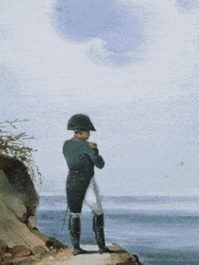 A Painting Of A Man In A Military Uniform Standing On A Rock Overlooking A Body Of Water GIF