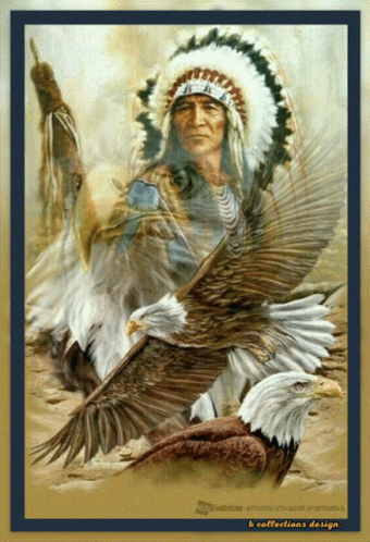 A Painting Of A Man In A Native American Headdress Surrounded By Bald Eagles By B Collections Design GIF