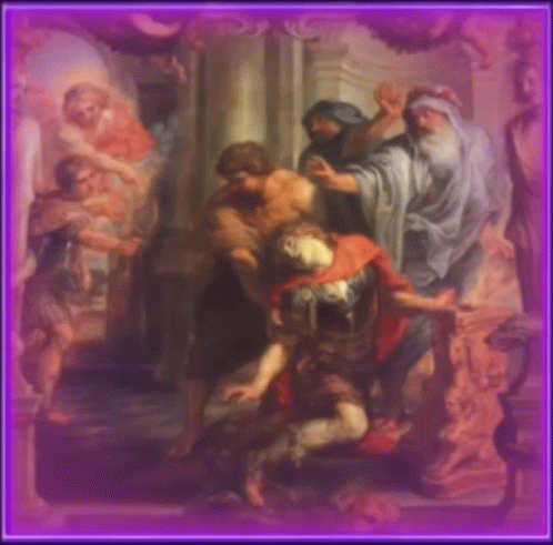 A Painting Of A Man In A Red Cape Surrounded By People GIF