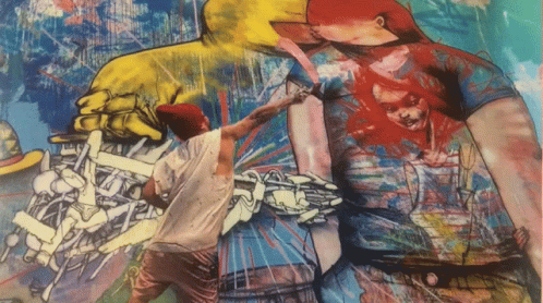 A Painting Of A Man In A Red Hat With A Yellow Hand Behind Him GIF
