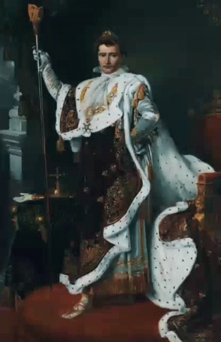 A Painting Of A Man In A Robe Holding A Cane And A Crown GIF