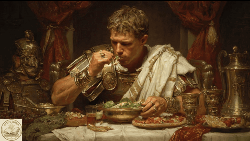 A Painting Of A Man In Armor Eating A Salad With A Logo For A Book Called The Bible On The Bottom GIF