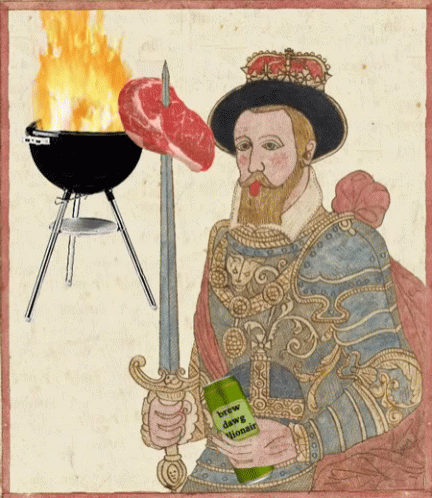 A Painting Of A Man In Armor Holding A Sword And A Can Of Brew Deer Winnie GIF