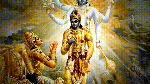 a painting of a man kneeling in front of a statue of a deity