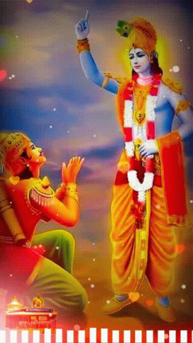 A Painting Of A Man Kneeling In Front Of A Statue Of A God GIF
