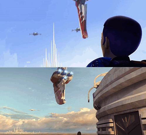 A Painting Of A Man Looking At A Tower And A Flying Object GIF