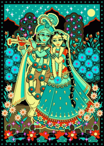 A Painting Of A Man Playing A Flute And A Woman Dancing With Flowers In The Background GIF