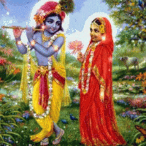 A Painting Of A Man Playing A Flute And A Woman Standing Next To Him GIF
