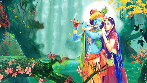 A Painting Of A Man Playing A Flute With A Woman Standing Next To Him GIF