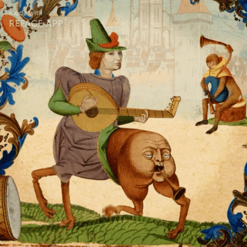 A Painting Of A Man Playing A Guitar And A Monkey Playing A Trumpet Has The Word Replace App On It GIF