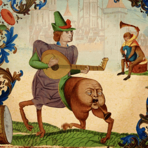 A Painting Of A Man Playing A Guitar With A Monkey Playing A Trumpet In The Background GIF