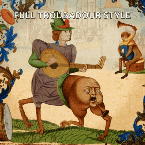 A Painting Of A Man Playing A Guitar With The Words Full Troubadour Style Above Him GIF