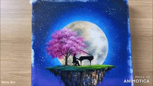 A Painting Of A Man Playing A Piano Under A Cherry Blossom Tree Made By Wow Art GIF