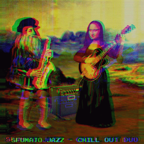A Painting Of A Man Playing A Saxophone And A Woman Playing A Guitar With The Words Chill Out Duo Below Them GIF
