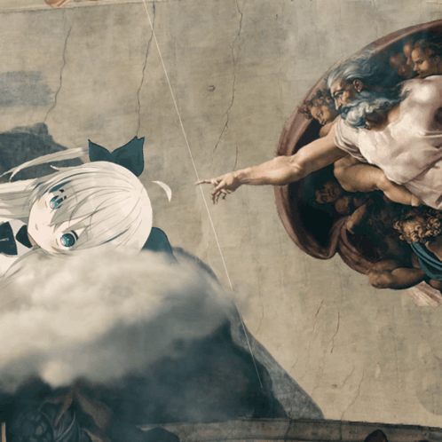 A Painting Of A Man Reaching Out To Touch A Woman GIF