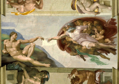 A Painting Of A Man Reaching Out To Touch A Woman 'S Hand GIF