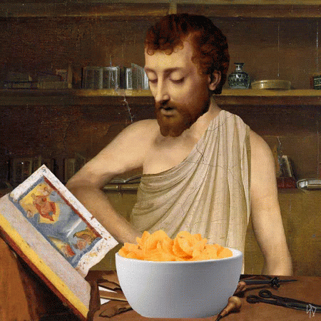 A Painting Of A Man Reading A Book Next To A Bowl Of Cheese Chips GIF