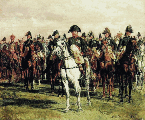 A Painting Of A Man Riding A Horse With The Year 1854 GIF